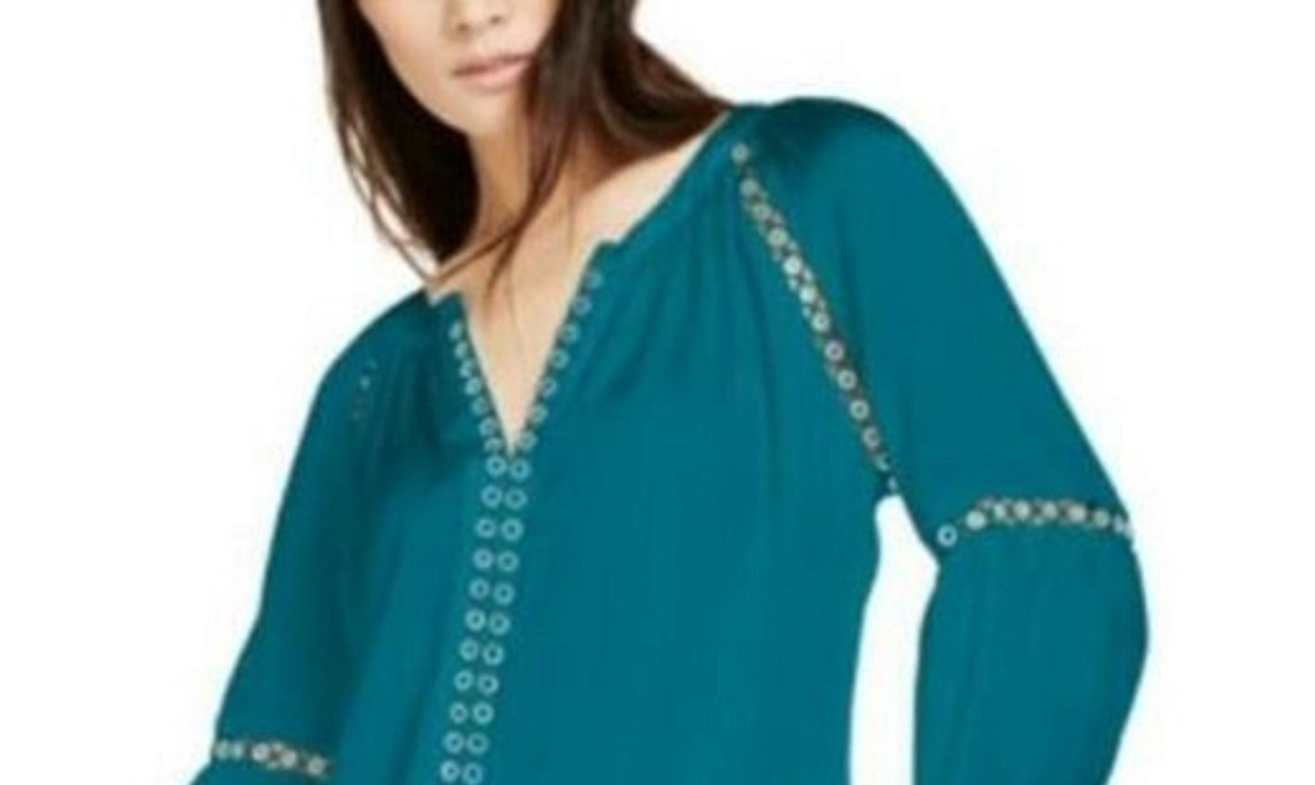INC International Concepts Women's Grommet-Trim Peasant Blouse Green Size X-Large