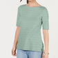 Charter Club Women's Cotton Texture-Striped Elbow-Sleeve Top Green Size Small