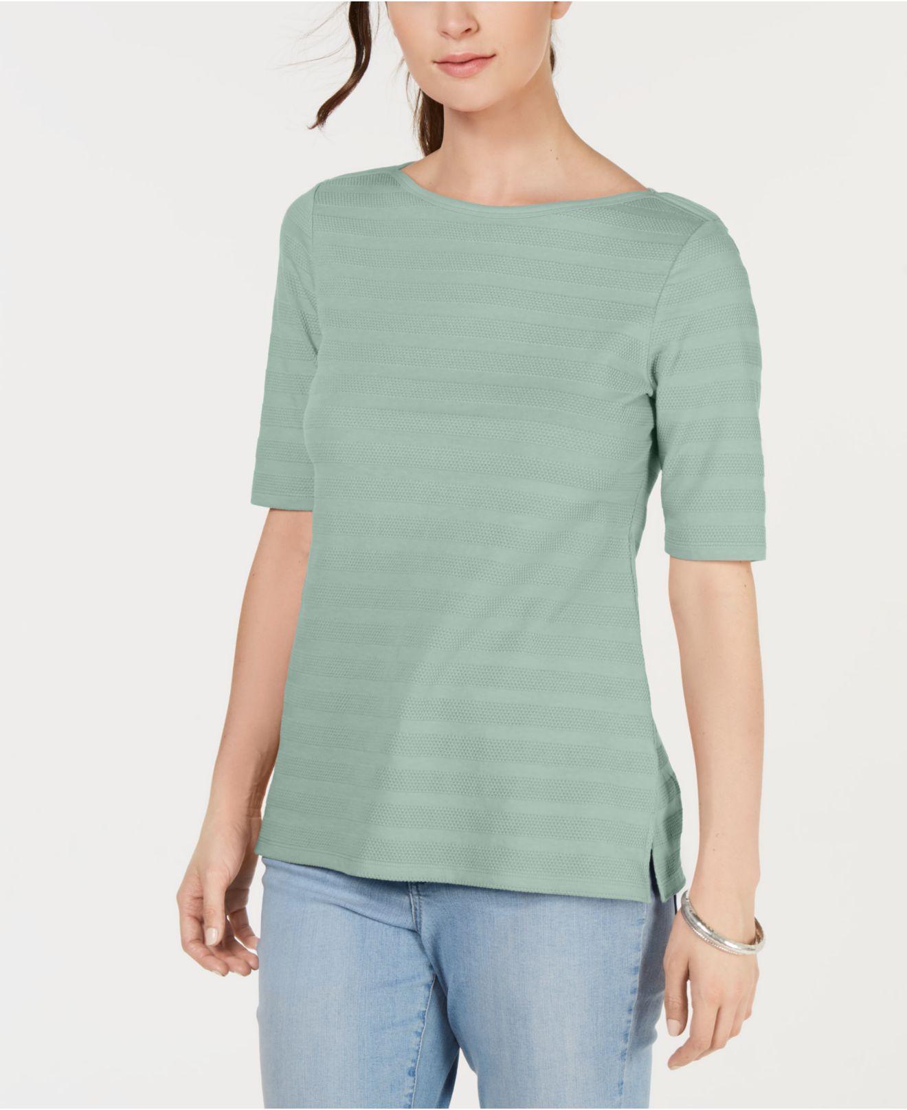 Charter Club Women's Cotton Texture-Striped Elbow-Sleeve Top Green Size Small
