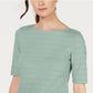 Charter Club Women's Cotton Texture-Striped Elbow-Sleeve Top Green Size Small