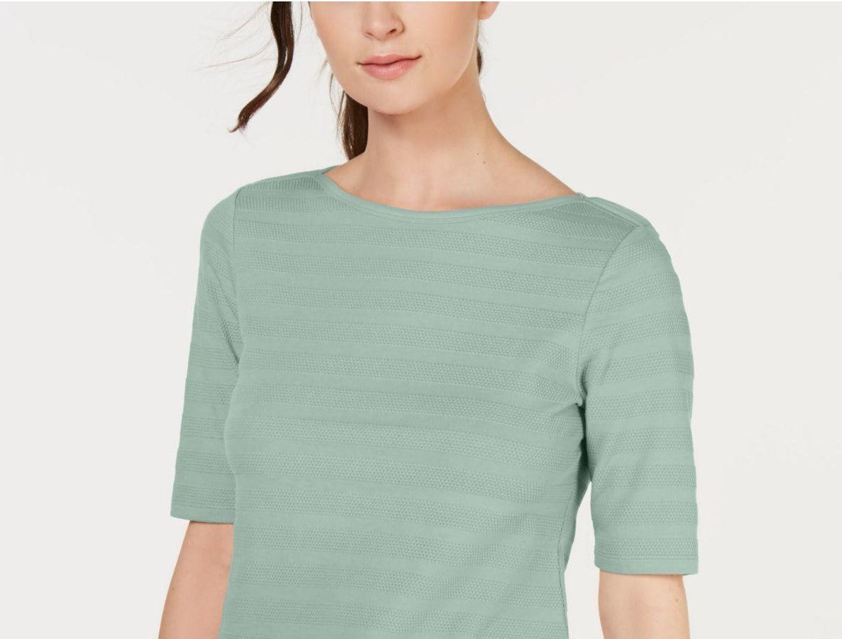Charter Club Women's Cotton Texture-Striped Elbow-Sleeve Top Green Size Small