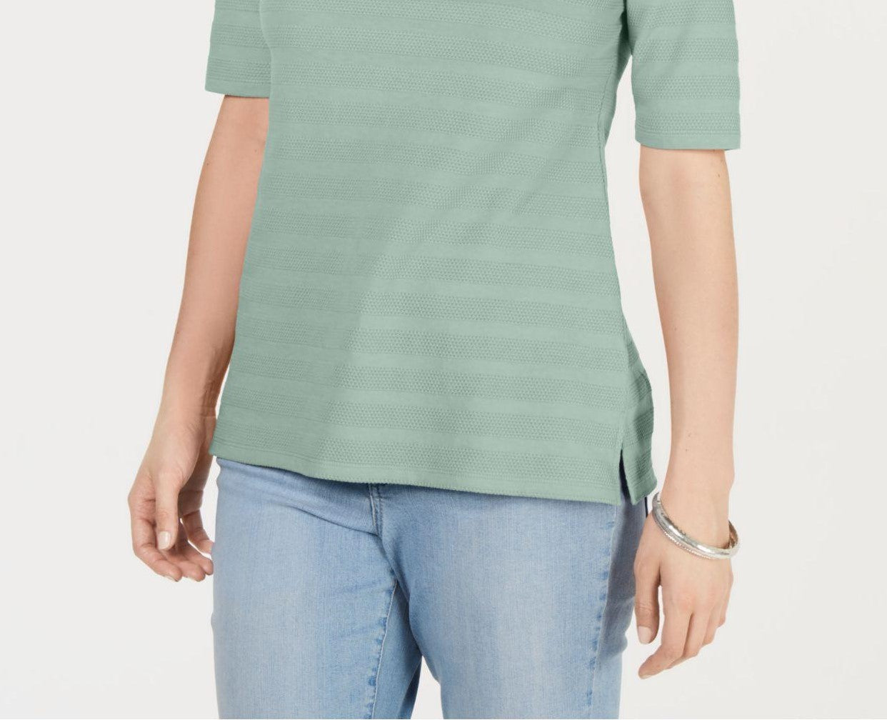 Charter Club Women's Cotton Texture-Striped Elbow-Sleeve Top Green Size Small
