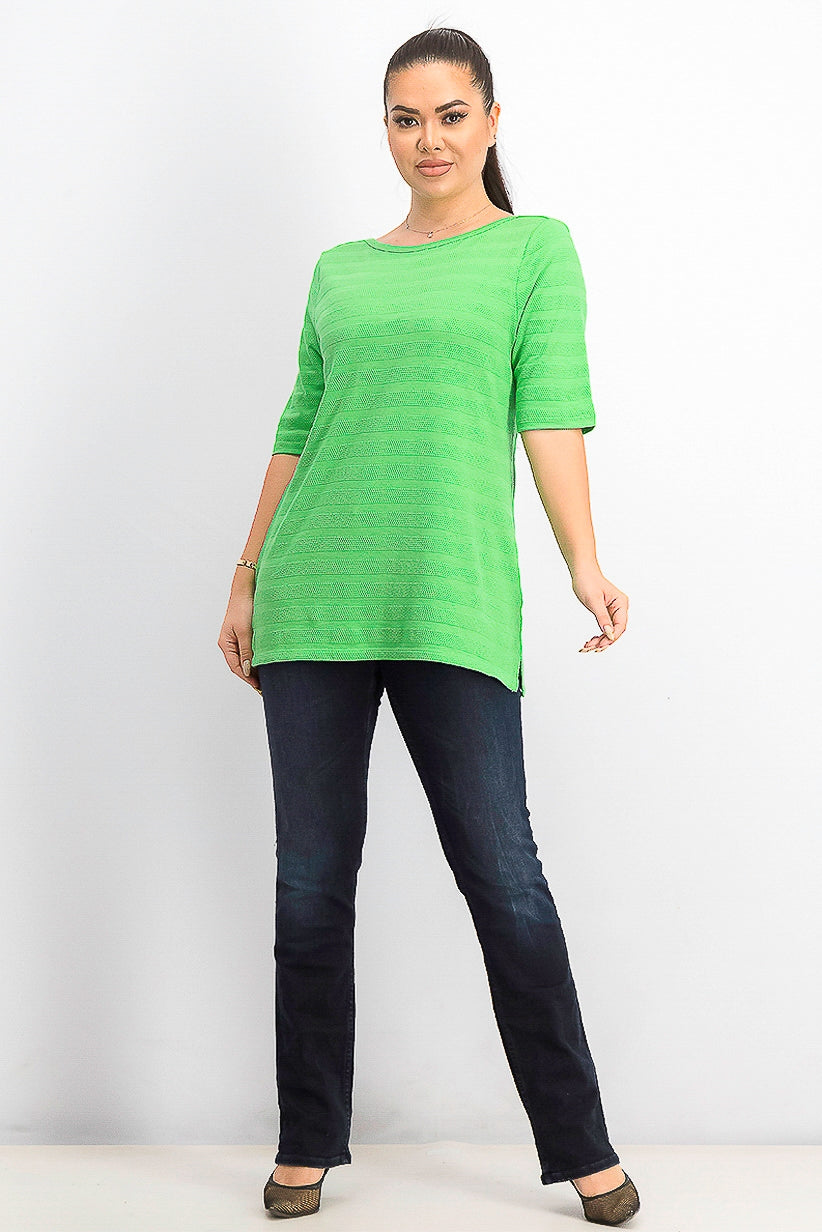 Charter Club Women's Cotton Texture-Striped Elbow-Sleeve Top Bright Green Size X-Small