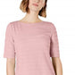 Charter Club Women's Cotton Texture-Striped Elbow-Sleeve Top Dark Pink Size Large