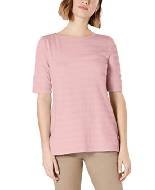 Charter Club Women's Cotton Texture-Striped Elbow-Sleeve Top Dark Pink Size Small