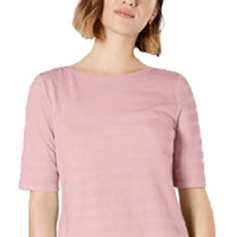 Charter Club Women's Cotton Texture-Striped Elbow-Sleeve Top Dark Pink Size Small