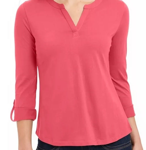 Charter Club Women's Supima Cotton Split Neck Top Pink Size Medium