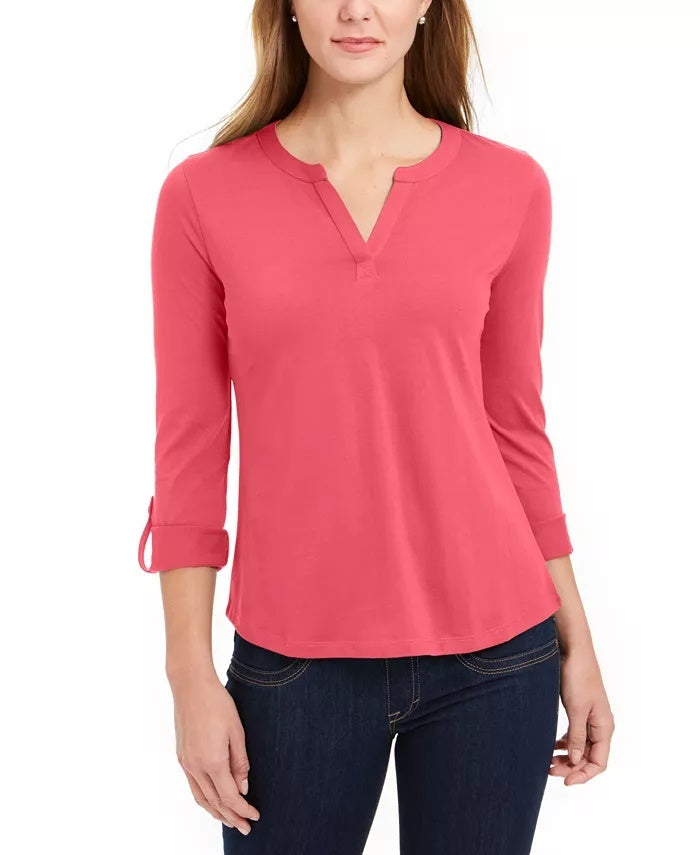 Charter Club Women's Supima Cotton Split Neck Top Pink Size Medium