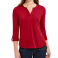 Charter Club Women's Supima Cotton Split-Neck Top  Red Size Small