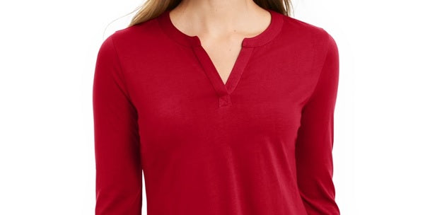 Charter Club Women's Supima Cotton Split-Neck Top  Red Size Small