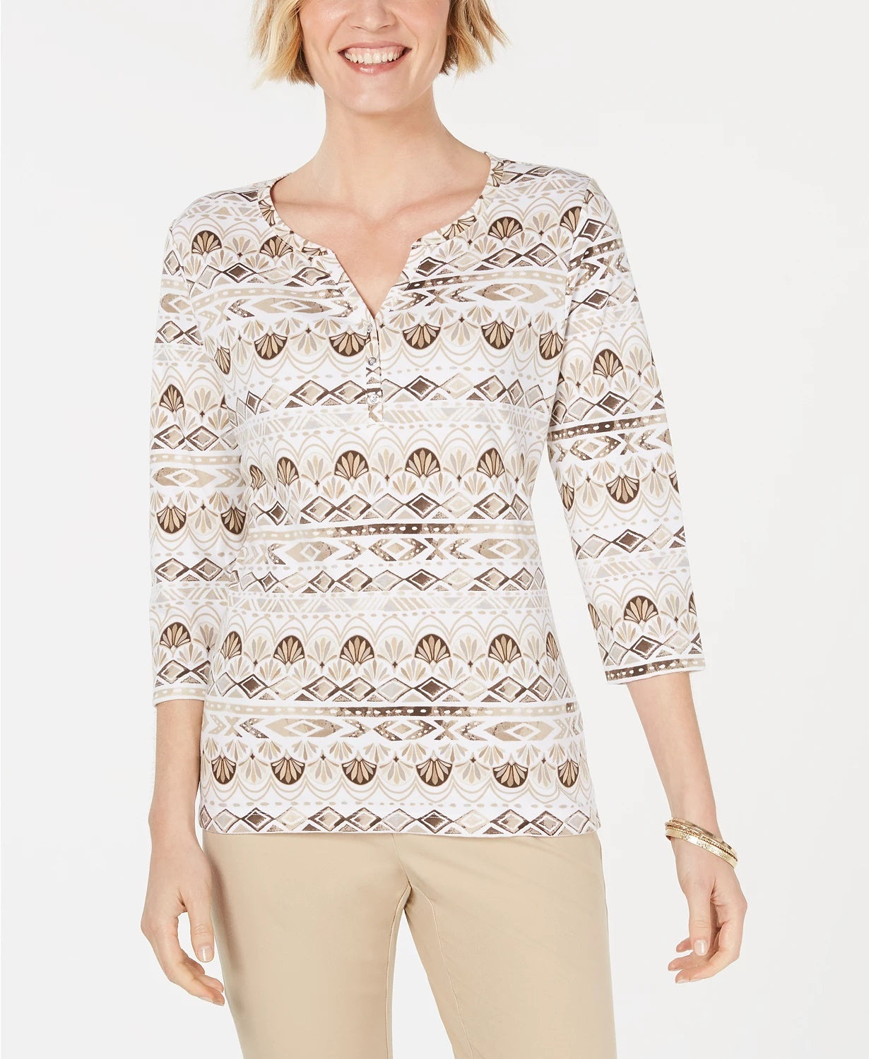 Karen Scott Women's Geo Print 3/4 Sleeve Top Brown Size X-Small