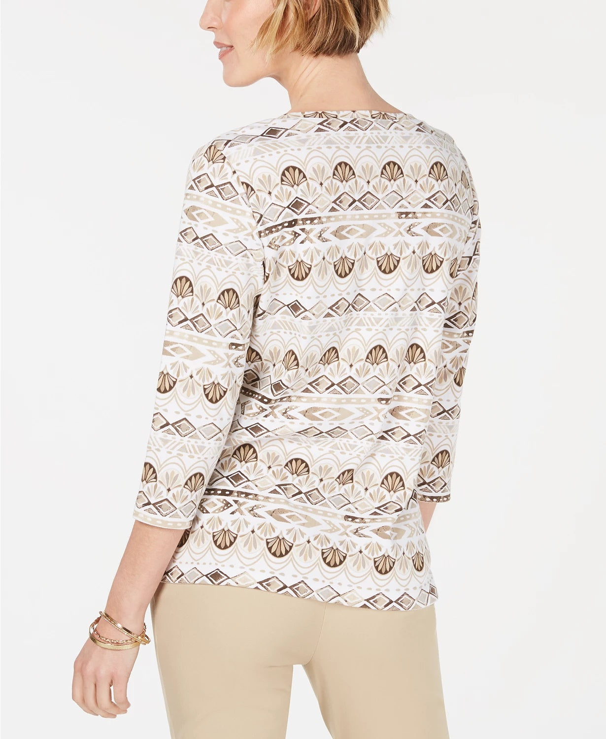 Karen Scott Women's Geo Print 3/4 Sleeve Top Brown Size X-Small