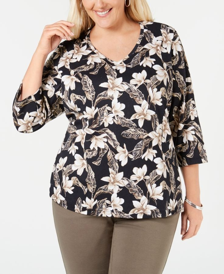 Karen Scott Women's Floral Print V Neck Top Black Size Small