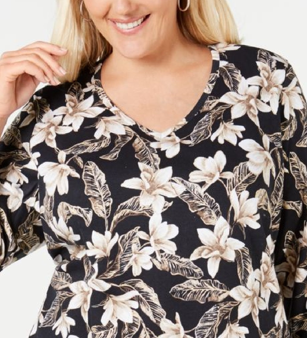 Karen Scott Women's Floral Print V Neck Top Black Size Small