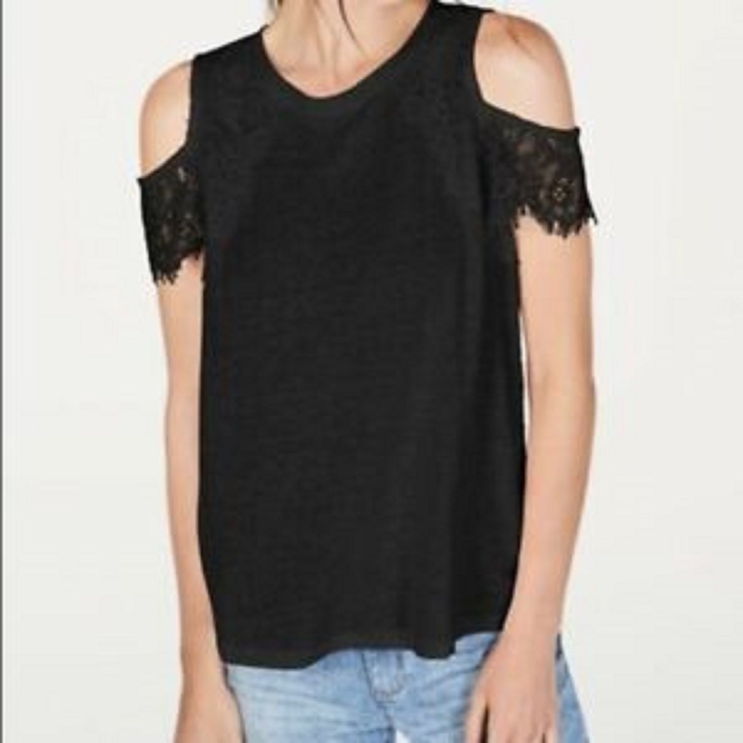 INC International Concepts Women's Lace Linen-Blend Cold-Shoulder Top Black Size Small