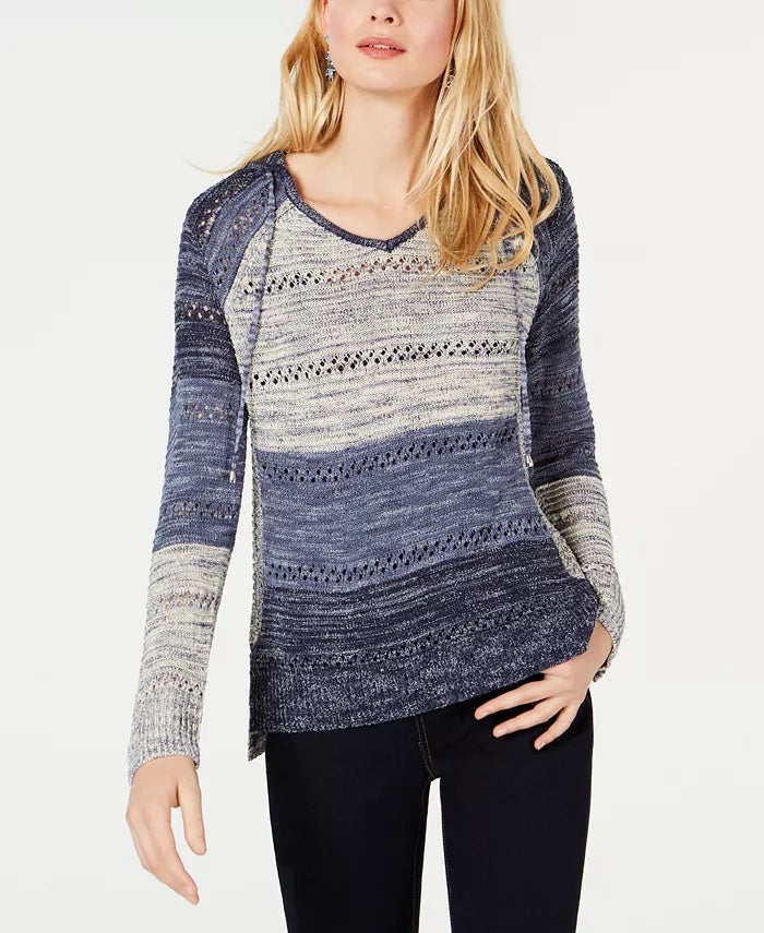 INC International Concepts Women's Open Knit Hooded Sweater Navy Size Large