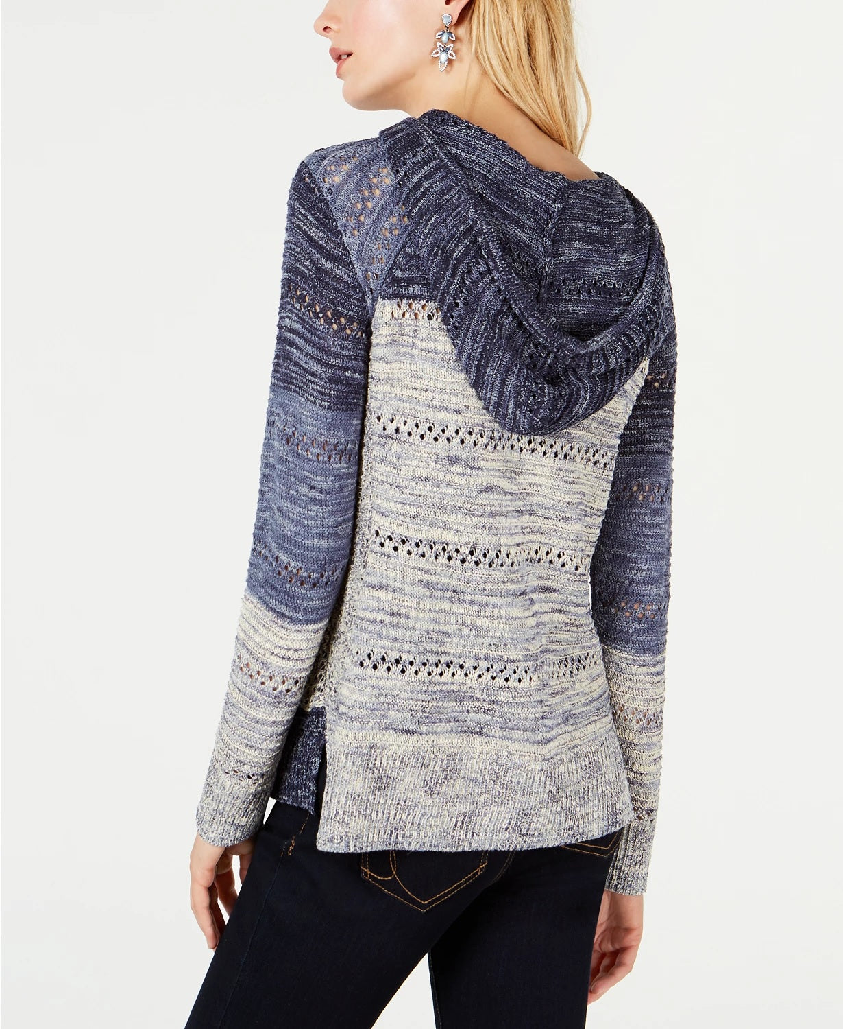 INC International Concepts Women's Open Knit Hooded Sweater Navy Size Large