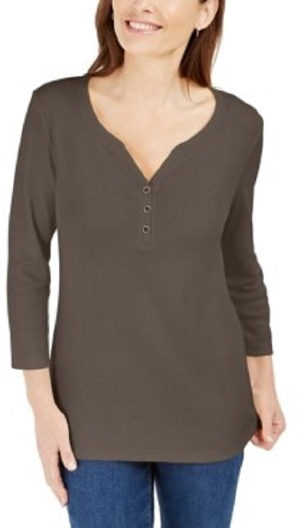 Karen Scott Women's Cotton Henley Shirt Brown Size Petite Small