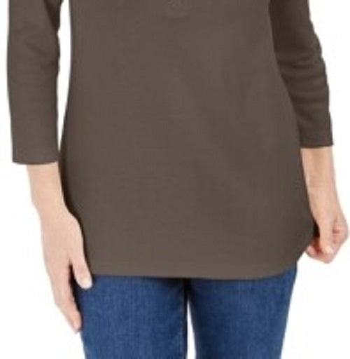 Karen Scott Women's Cotton Henley Shirt Brown Size Petite Small