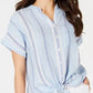 Charter Club Women's Linen Striped Tie Top Blue Size Medium
