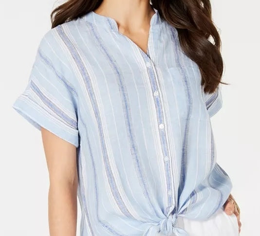 Charter Club Women's Linen Striped Tie Top Blue Size Medium