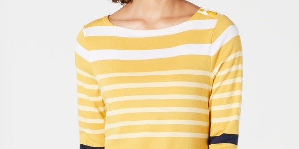 Charter Club Women's Pima Cotton Button-Shoulder Stripe Top Gold Size Small