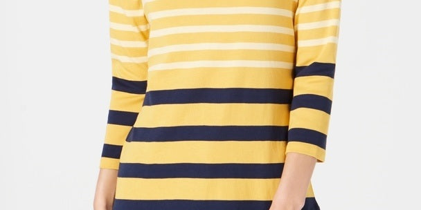 Charter Club Women's Pima Cotton Button-Shoulder Stripe Top Gold Size Small