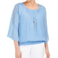 JM Women's Collection Textured Crochet-Sleeve Necklace Gauze Top Blue Size Small