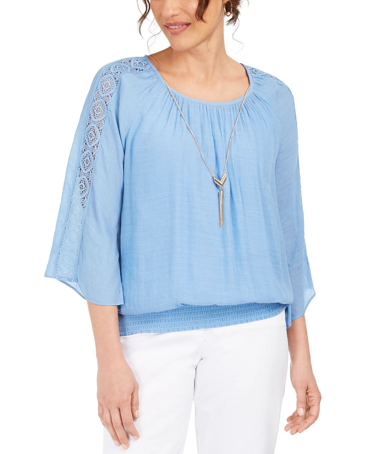 JM Women's Collection Textured Crochet-Sleeve Necklace Gauze Top Blue Size Small