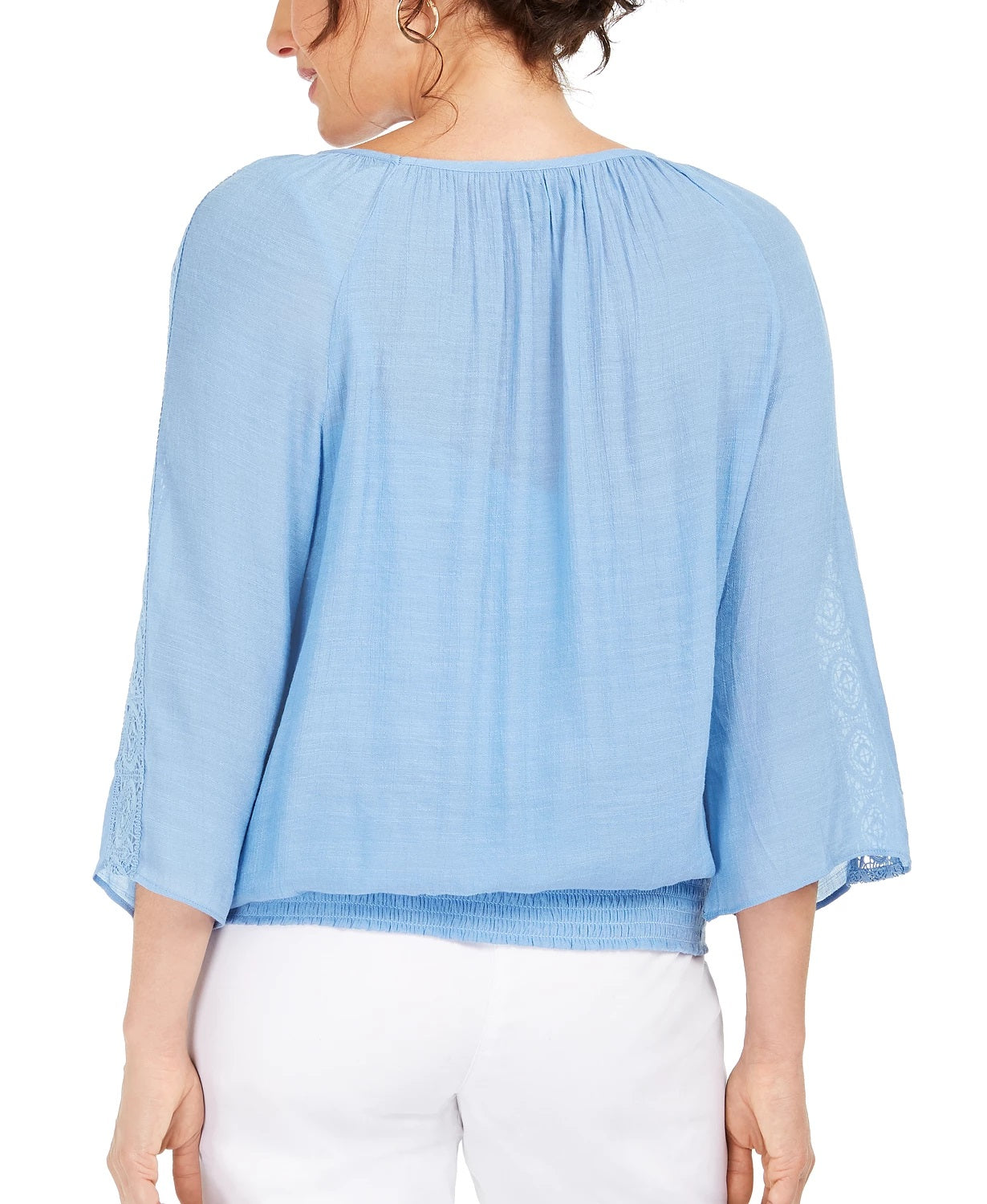 JM Women's Collection Textured Crochet-Sleeve Necklace Gauze Top Blue Size Small
