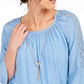 JM Women's Collection Textured Crochet-Sleeve Necklace Gauze Top Blue Size Small
