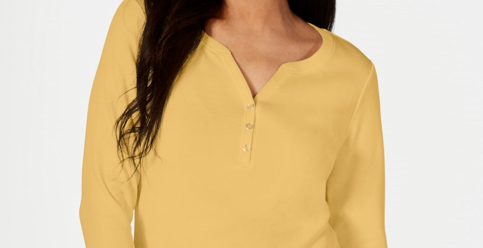 Karen Scott Women's Cotton Henley Top Yellow Size Medium