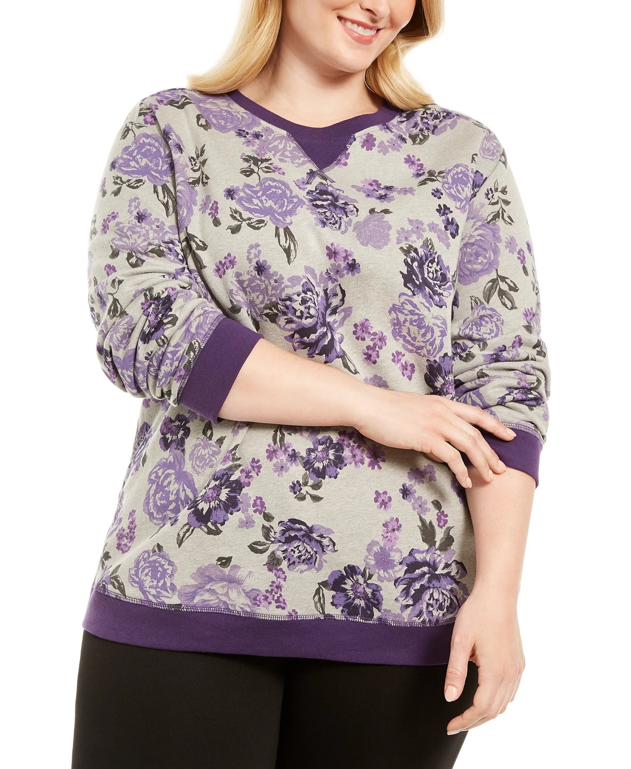 Karen Scott Women's Plus Size Printed Fleece Crewneck Top Purple1X
