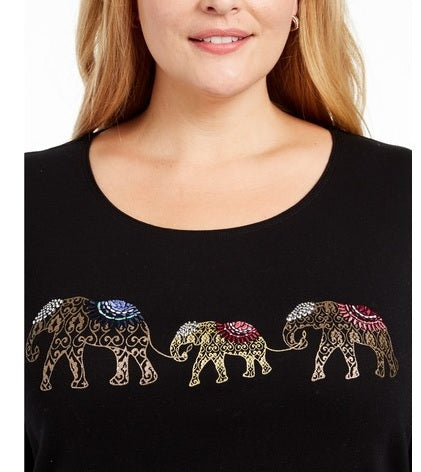 Karen Scott Women's Cotton Elephant Print Top Black Size 1X