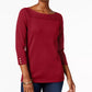 Karen Scott Women's Petite Cotton Button-Trim Sweater Medium Red Size Petite