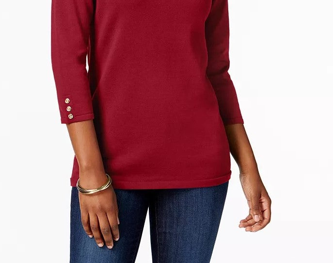Karen Scott Women's Petite Cotton Button-Trim Sweater Medium Red Size Petite