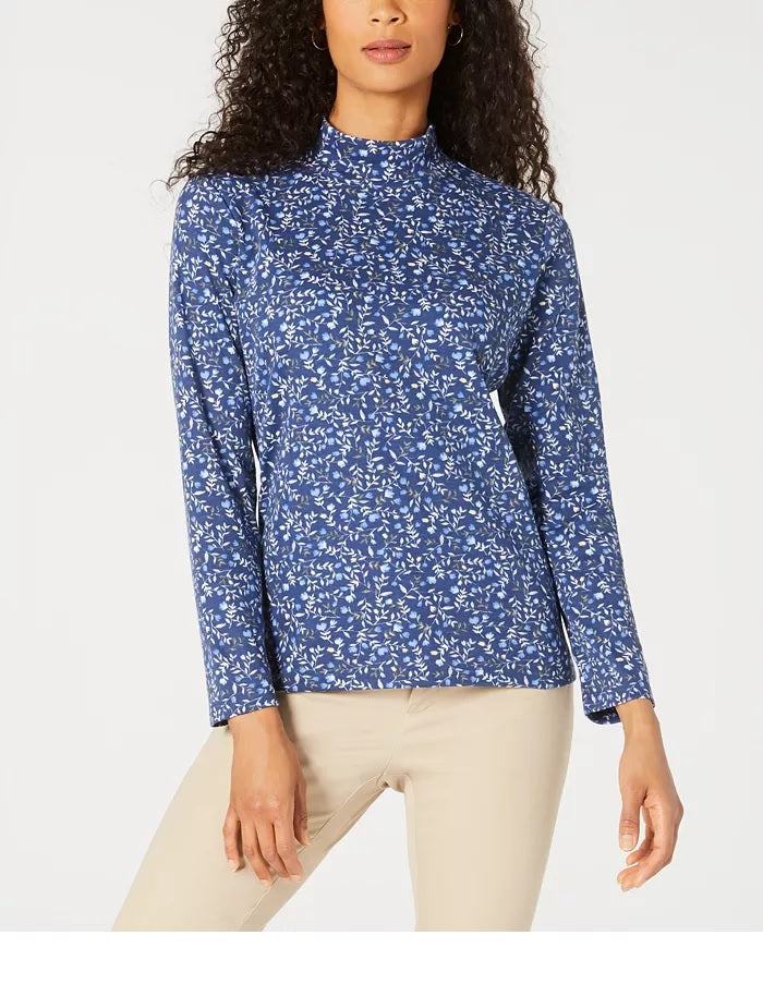 Karen Scott Women's Printed Mock-Neck Top  Navy Size Large