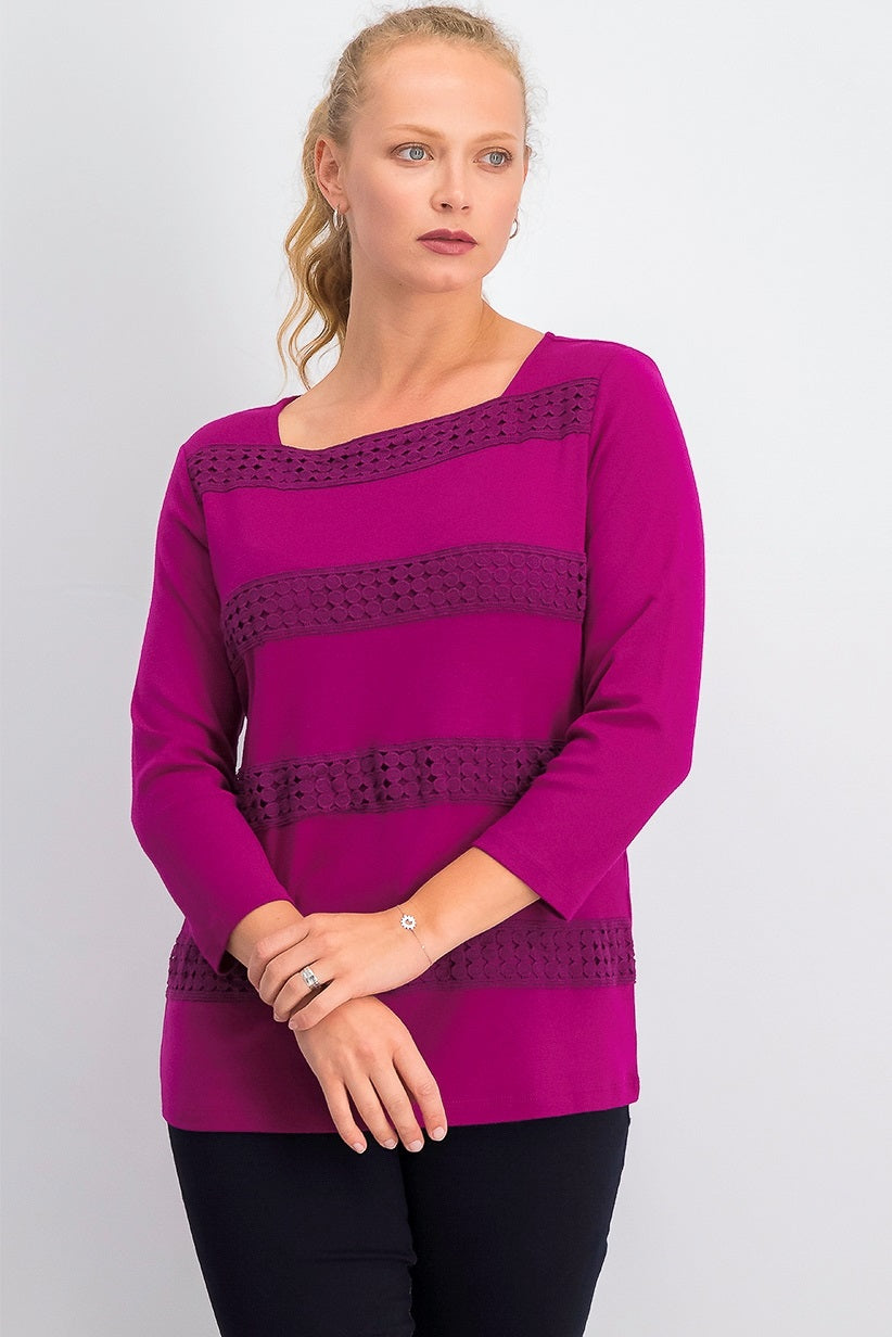Karen Scott Women's Square Neck Lace Stripe Top Pink Size Large