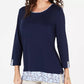 Karen Scott Women's Printed Hem 3/4 Sleeve Top Navy Size Medium