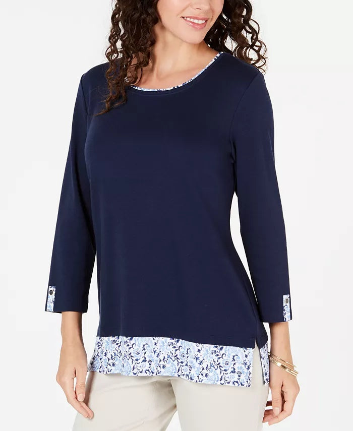 Karen Scott Women's Printed Hem 3/4 Sleeve Top Navy Size Medium