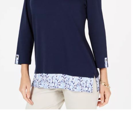 Karen Scott Women's Printed Hem 3/4 Sleeve Top Navy Size Medium