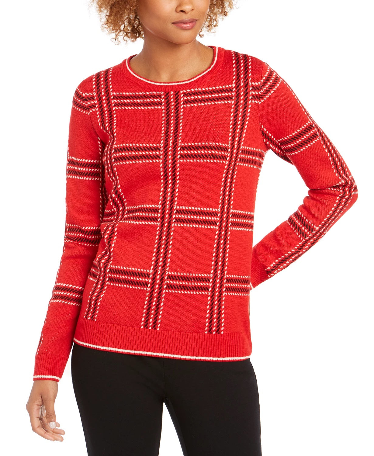 Charter Club Women's Printed Crewneck Sweater Red Size Large