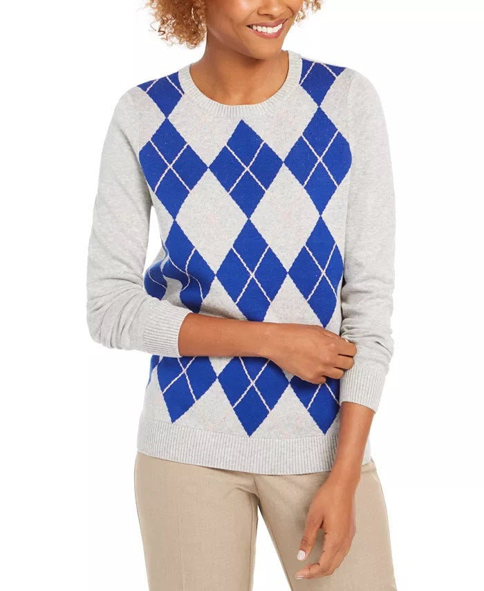 Charter Club Women's Argyle Crewneck Sweater Grey Size Small