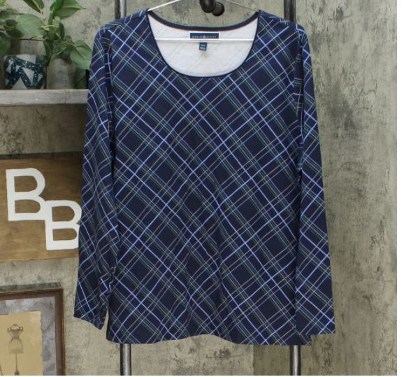 Karen Scott Women's Holly Plaid Embellished Top Navy Size Large