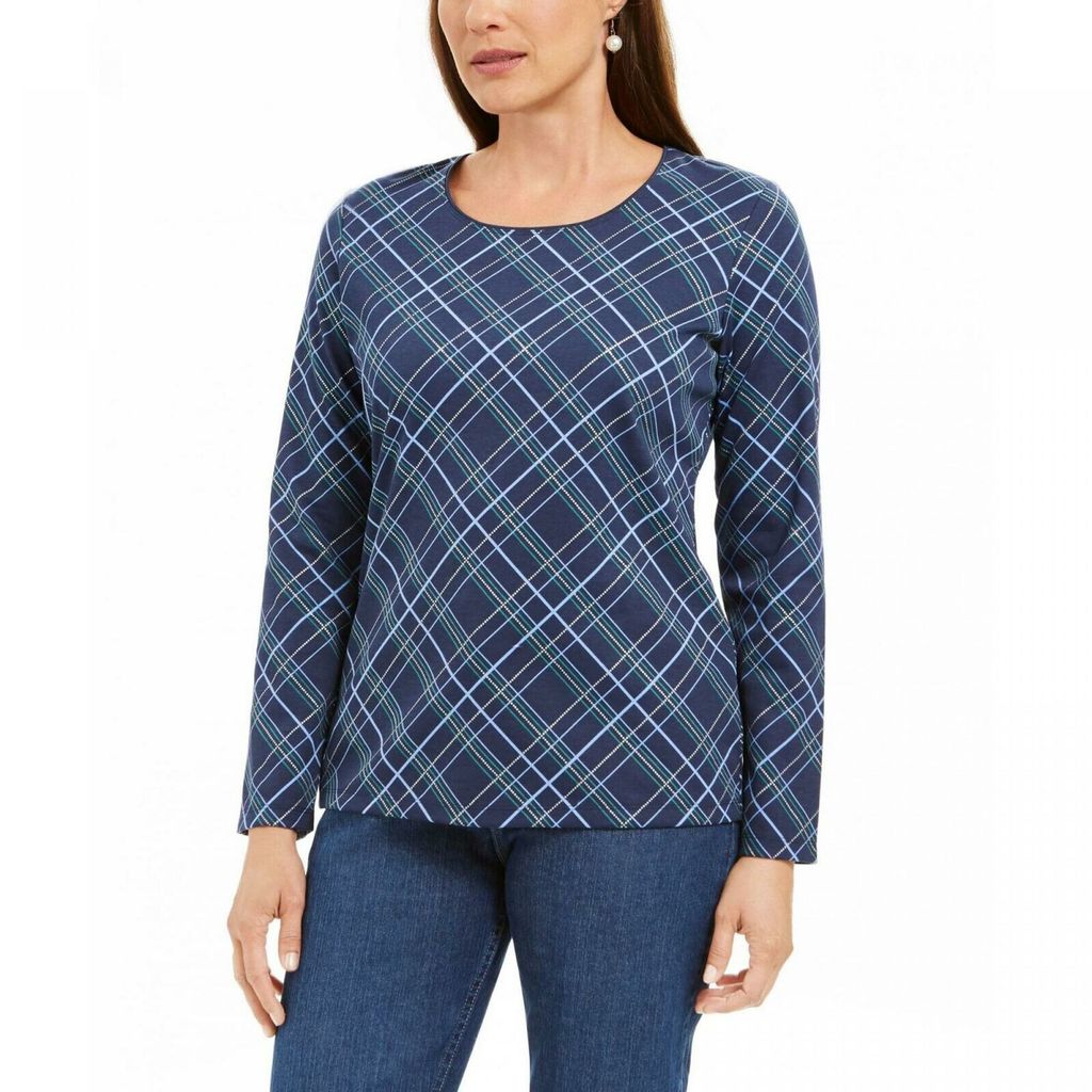 Karen Scott Women's Holly Plaid Embellished Top Navy Size Medium