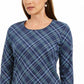 Karen Scott Women's Holly Plaid Embellished Top Navy Size Medium