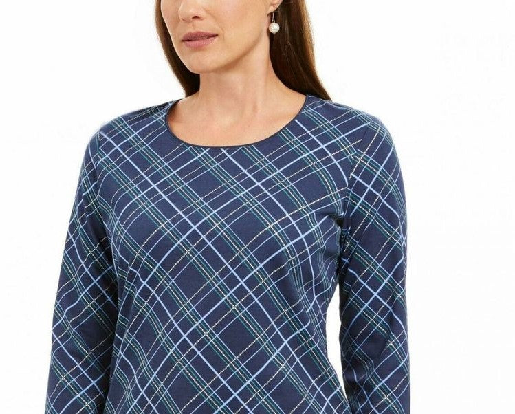 Karen Scott Women's Holly Plaid Embellished Top Navy Size Medium