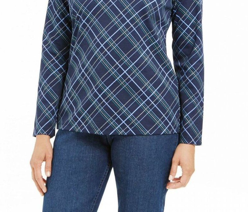 Karen Scott Women's Holly Plaid Embellished Top Navy Size Medium