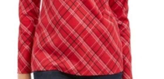 Karen Scott Women's Holly Plaid Embellished Top Bright Red Size X-Large