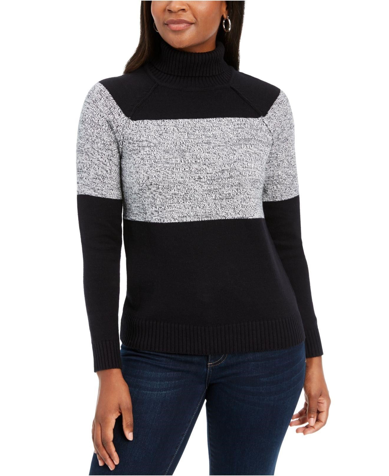 Karen Scott Women's Colorblocked Cotton Turtleneck Sweater Charcoal Size Extra Large